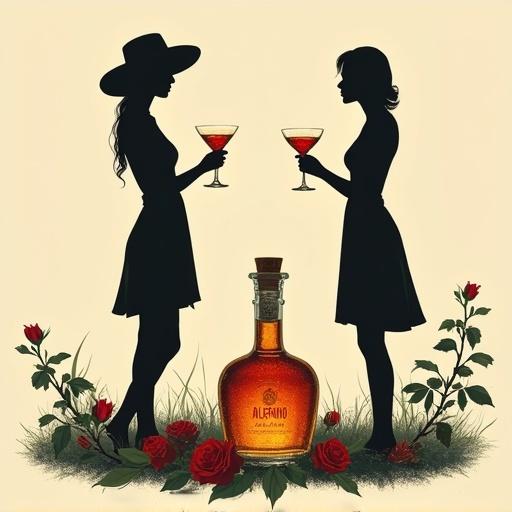 A minimalist screen printing artwork depicting silhouettes of women holding cocktail glasses. They wear flowing sun-dresses. An apothecary bottle filled with shimmering elixir is nearby. The bottle has a golden-reddish glow and a cork lid. It has a simple hang tag named 'ALFRUNO'. Two cocktail glasses flank the bottle. Roses and green herbs surround the composition against a beige background. The mood is mysterious and elegant.