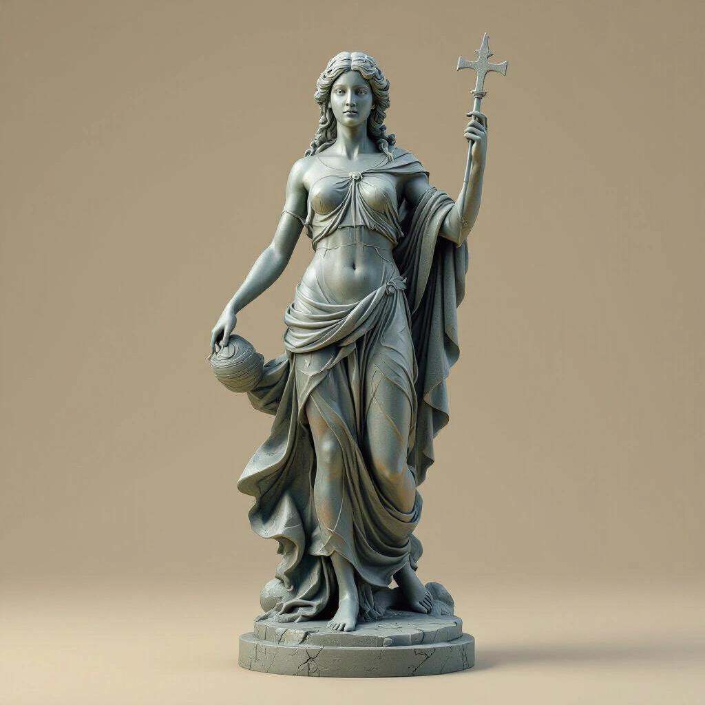 A hyper-realistic 3D figure inspired by the sign of Aquarius. The figure represents a woman holding a jug and a cross. The statue is well-detailed and showcases graceful proportions.