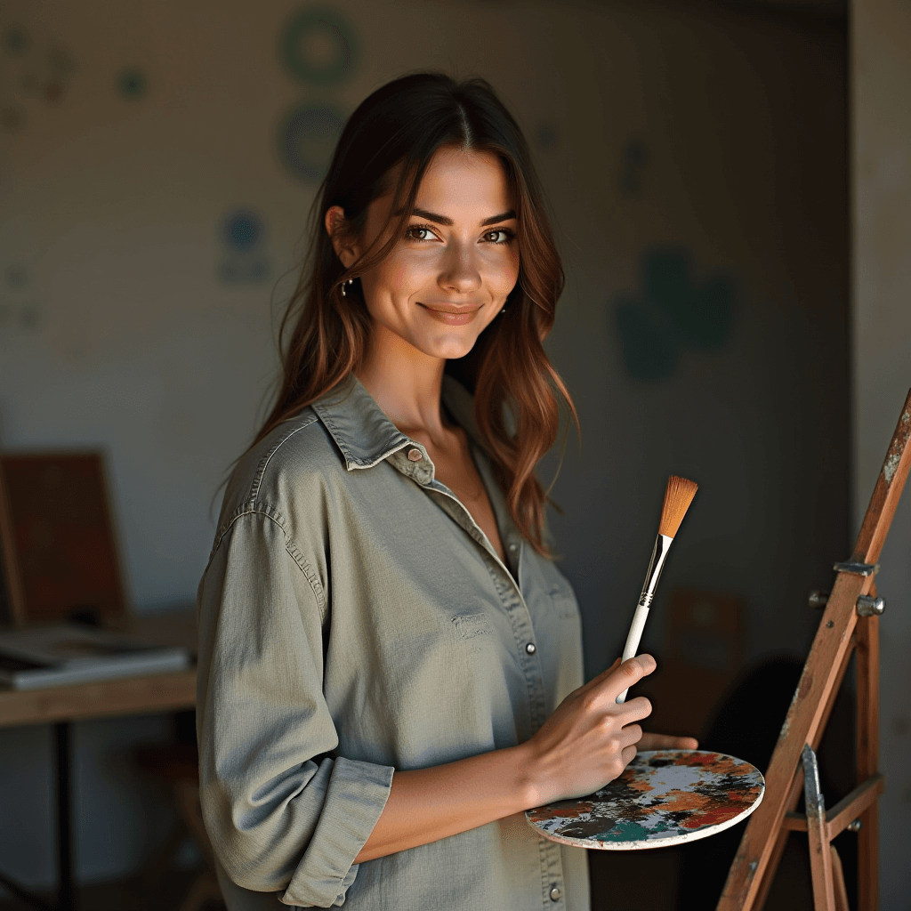 A woman holding a paintbrush and palette stands smiling in an art studio.