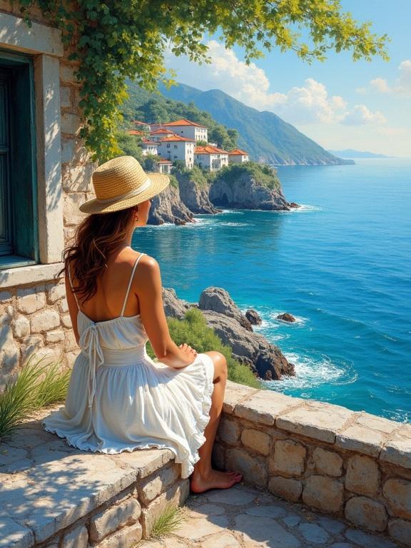 Impressionist painting. Woman in summer dress. Straw hat. Sitting on a stone wall. Looking at the sea. From a window. Sunny day. Italy. Visible brush strokes. Sunlight. Trees. Rocks. Blue water. Coastal houses.