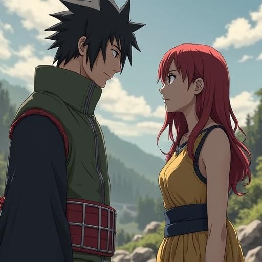 Illustration of Obito as Hokage with Kakashi as his advisor and Rin as his wife. They are in an outdoor setting with mountains in the background. The focus is on their expressions and interaction.