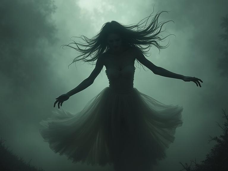 An ethereal banshee queen floats with flowing hair and a full gown. The background is filled with swirly mist. She appears ghostly and beautiful. The low light creates chiaroscuro effects. Her arms stretch forward in a lunging motion.