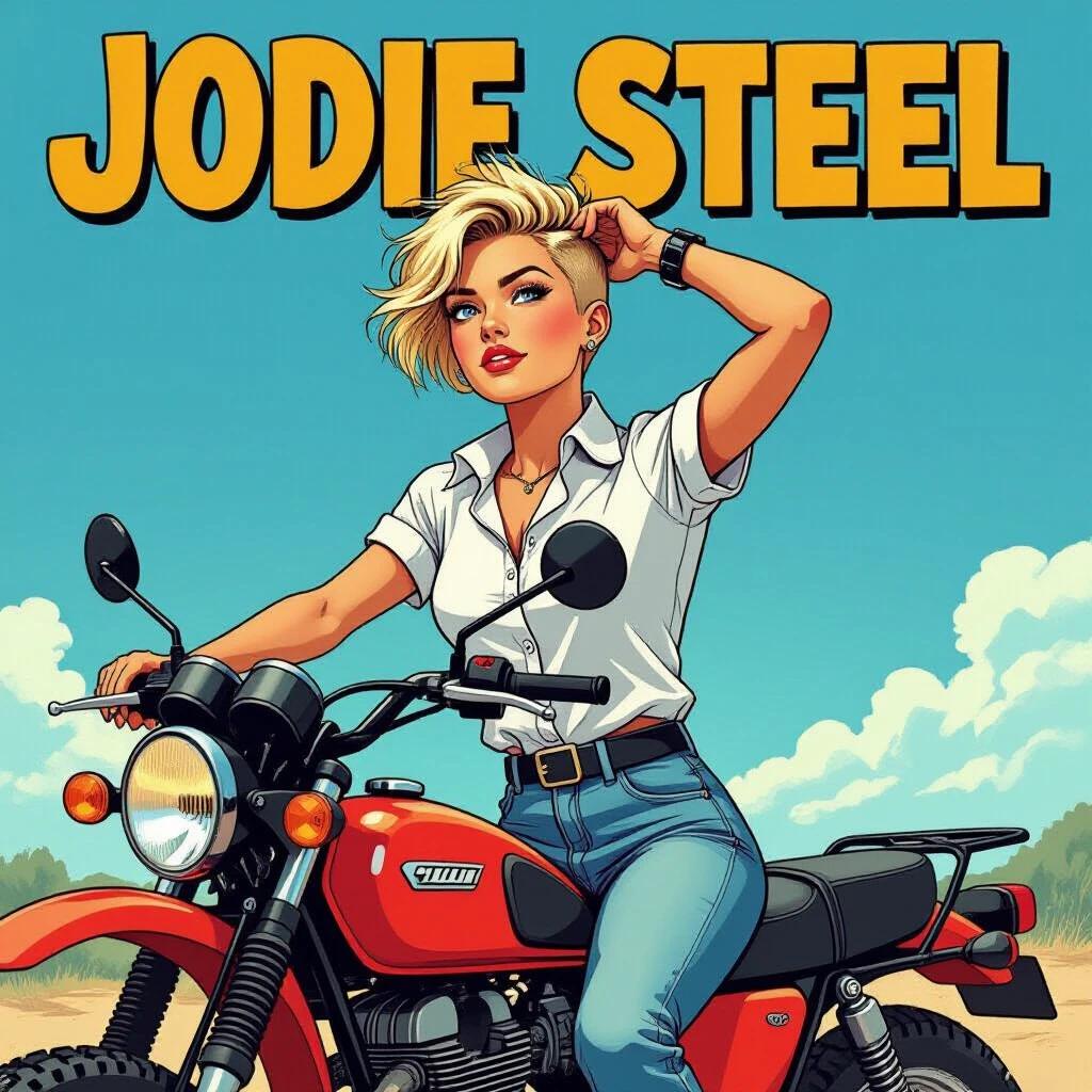 Illustration of a confident young woman on a motorcycle. She leans back with one hand on the bike and the other in her hair. She wears a white knotted shirt and denim shorts. Background shows a blue sky with clouds. Scene has vibrant colors and a comic-book style.