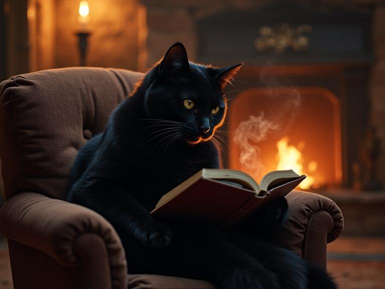 Realistic rendering of a young humanoid black cat holding a book sitting in an old armchair by the fireplace with a cigar in its mouth.