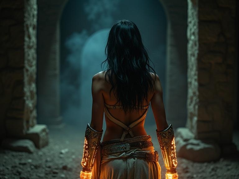 A woman stands alone in the dimly lit Crypt. She wears intricately detailed leather armor and holds enchanted daggers. The setting has a warm glow, with magic illuminating her features. Her black hair contrasts with the glowing walls.