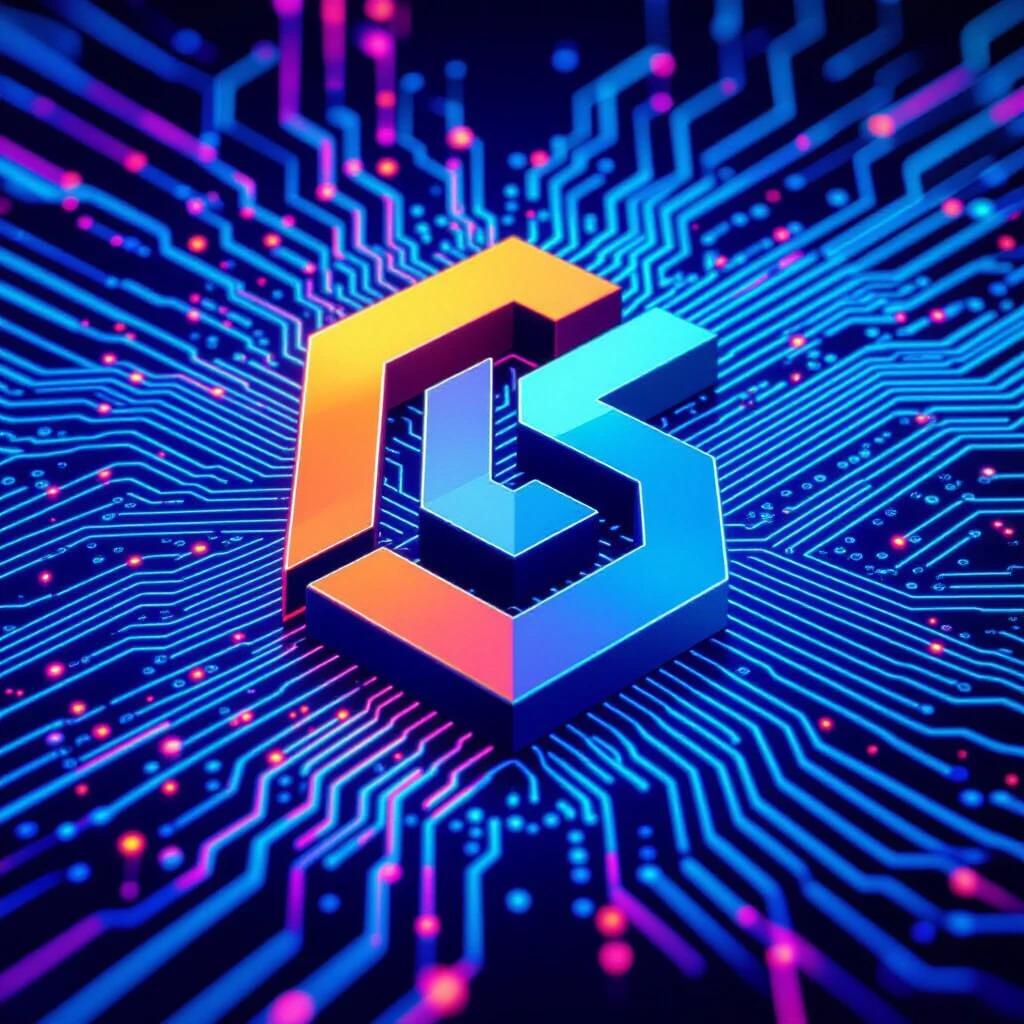 Create a logo featuring a modern design with a 3D effect. Use blue, purple, and orange colors. Incorporate elements of circuit patterns or technology.