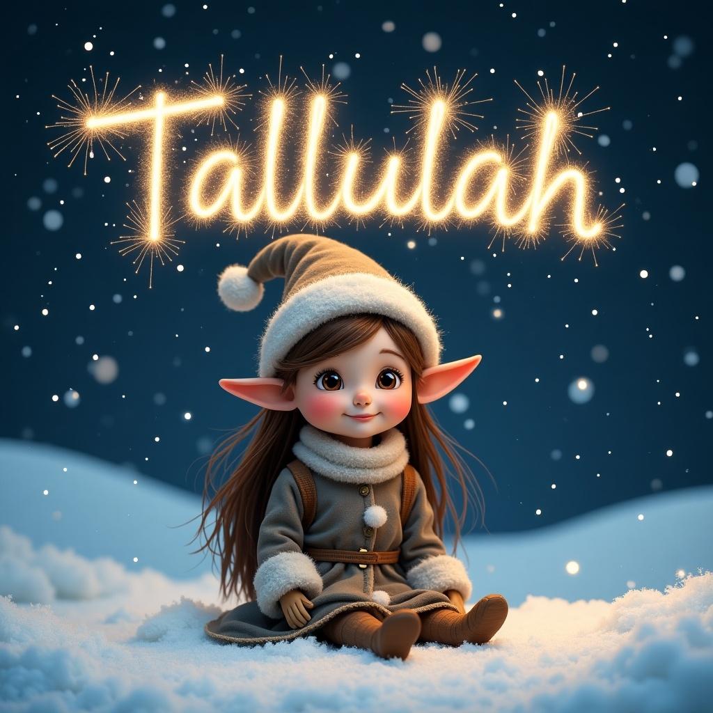 The image features a charming elf girl named Tallulah, with long brown hair and big brown eyes, sitting in a snowy landscape. She wears a cozy, beige outfit suitable for winter. The background showcases a beautiful night sky, filled with soft, twinkling stars. Above her, the name 'Tallulah' is written in glowing letters made of sparklers, adding a magical touch. Snow softly blankets the ground around her, creating a serene winter atmosphere. The scene is filled with warmth and holiday spirit, perfect for a festive setting.