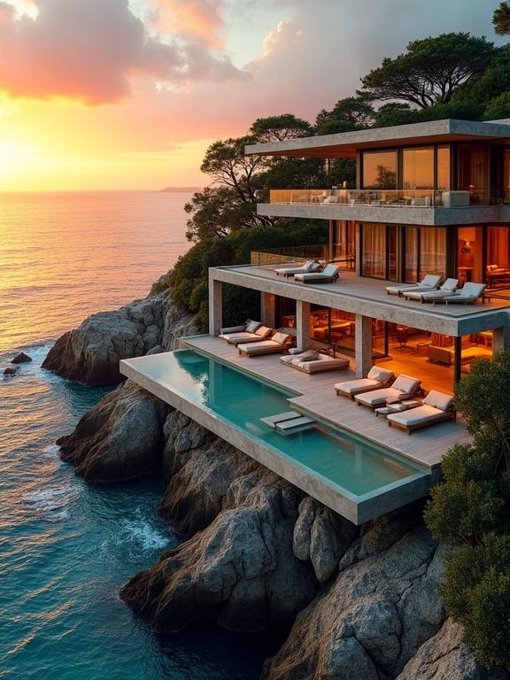 Luxurious multi-level villa on rocky coastline overlooking ocean at sunset. Warm colors fill the sky. Natural tones in the villa. Infinity pool blends with ocean. Surrounded by green vegetation.