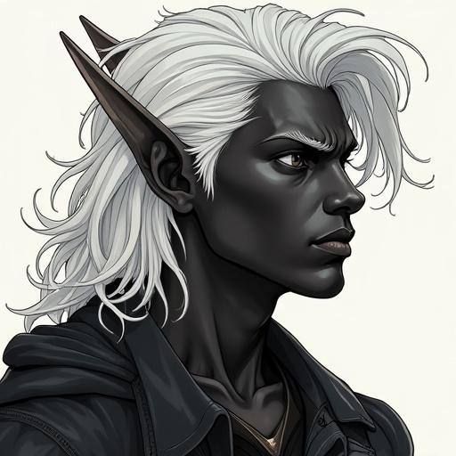 Illustration of a young man with black skin. Long silver hair, beast horns. Set in a fantasy world. He is a semi-god.