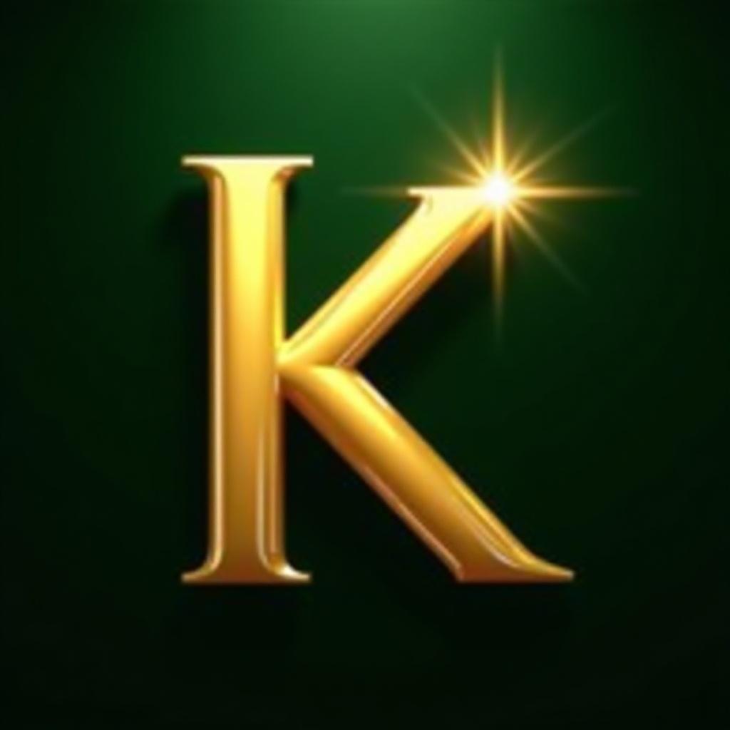 Golden letter 'K' on dark green background. Shiny surface with a star-like gleam on the top right corner. Gradient effect in the background.