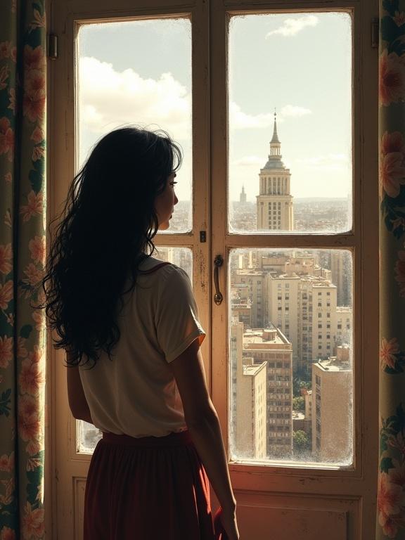 Illustration of a woman with black hair looking out through a window at various buildings.