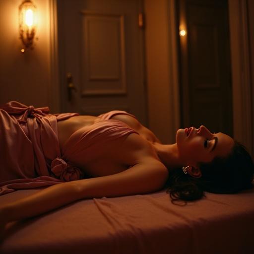 Woman in silk robe lies on massage table in private spa. Dim lighting casts shadows. Jasmine oil scent in the air. Soft music plays. Fingers trace hip. Tension from nearby conversation. Focus on collarbones and oily wrist.