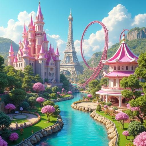 Vibrant CGI representation of a fantastical theme park landscape. Features a pink castle, a white tower resembling the Eiffel Tower, a red roller coaster, and a pink pagoda-style pavilion. Lush greenery, water features, winding paths, and a river dividing the attractions. Rich in detail with vibrant colors. Imaginative and playful style.