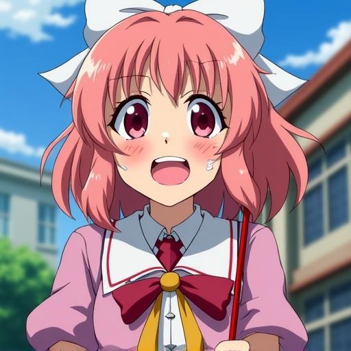 Anime character Hiiragi Utena in a school uniform looks down at the camera. She has a happy flushed face while smiling. She holds a magic wand. Background features a Japanese school.