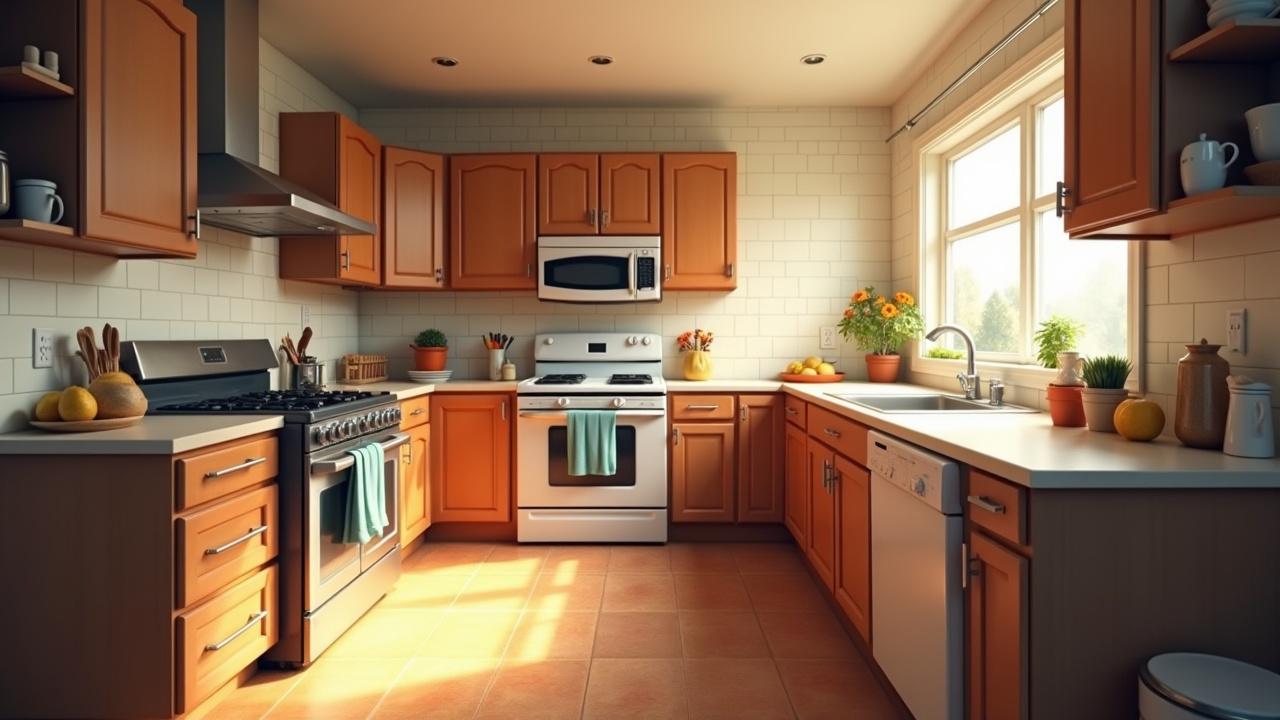 This image depicts a cozy family kitchen right after breakfast. It showcases a clean and organized space, with cabinets and modern appliances prominently displayed. The scene is set at eye level, focusing directly on the oven, which is the centerpiece of the kitchen. To the right, a window lets in warm sunlight, emphasizing the inviting atmosphere. The kitchen is adorned with plants and colorful kitchenware, suggesting a lively family environment where meals are prepared and shared.