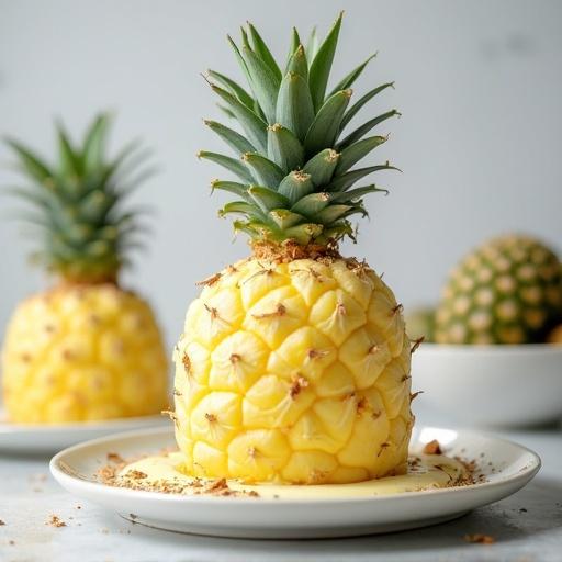 Freshly peeled pineapple on a white plate. Background features similar pineapples. Bright yellow color with green leaves. Sophisticated food styling.