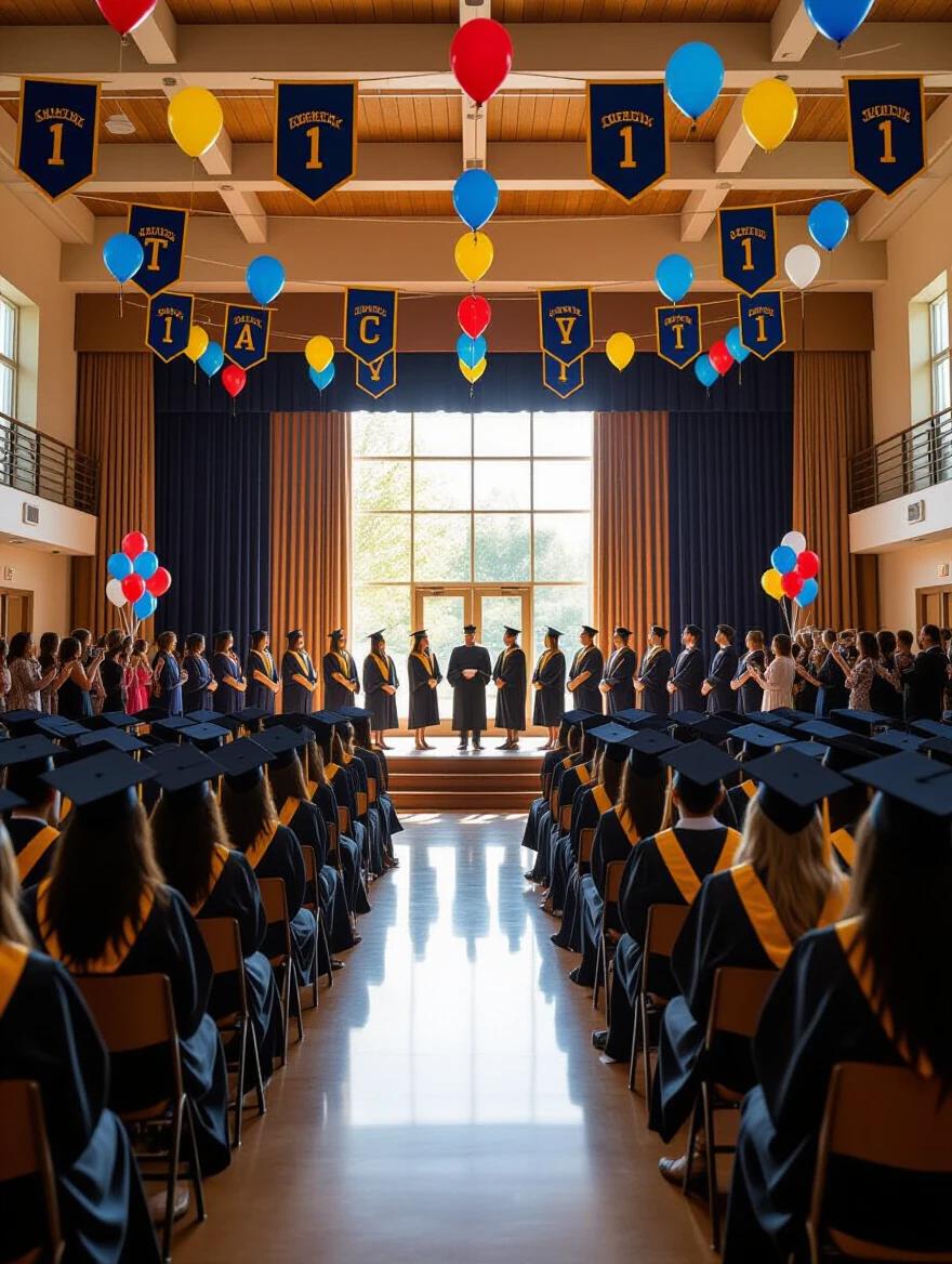 A large auditorium decorated with graduation banners and balloons. Rows of graduates in caps and gowns sit facing a stage. Family members take photos in the background. The atmosphere is festive and formal. Realistic style with a wide-angle shot.