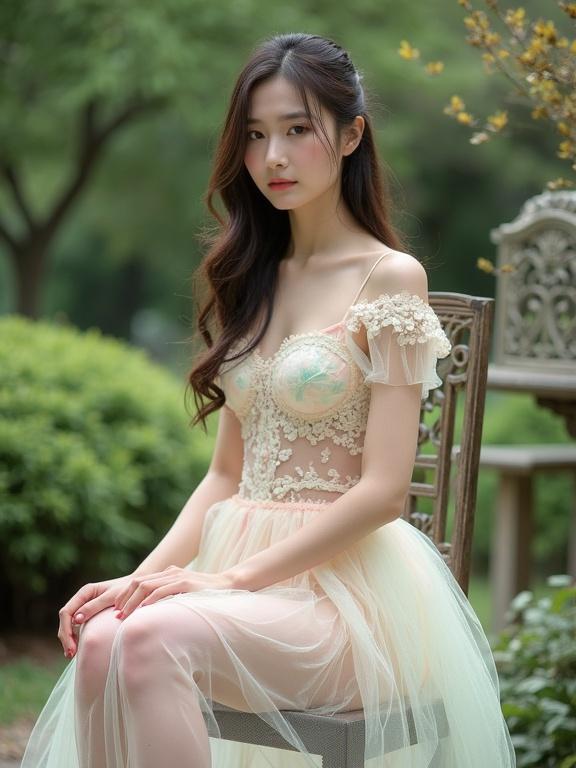 A serene young Chinese lady sits outdoors in a beautiful garden. She wears a pastel-colored transparent outfit decorated with lace. The outfit has a sweetheart neckline and off-the-shoulder design. A white garment accentuates her waist. Her long hair cascades in loose waves. Pale pink stockings and garter belts complete the look. The scene is lit by soft, natural light that emphasizes the lace. The garden has green bushes and trees, creating a lush background. A vintage fairytale feel is present throughout the composition.