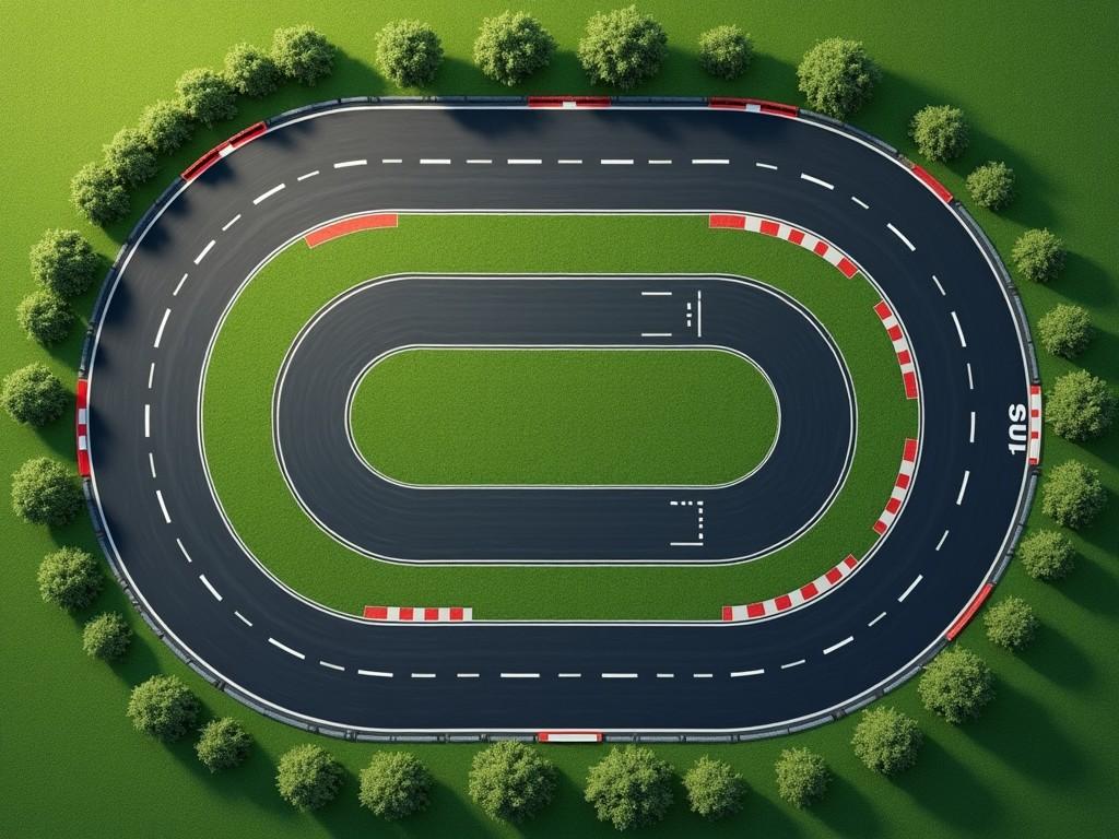 a top-down view of a racing track surrounded by green grass and trees, designed like a professional circuit, emphasizing the layout and contours of the road.