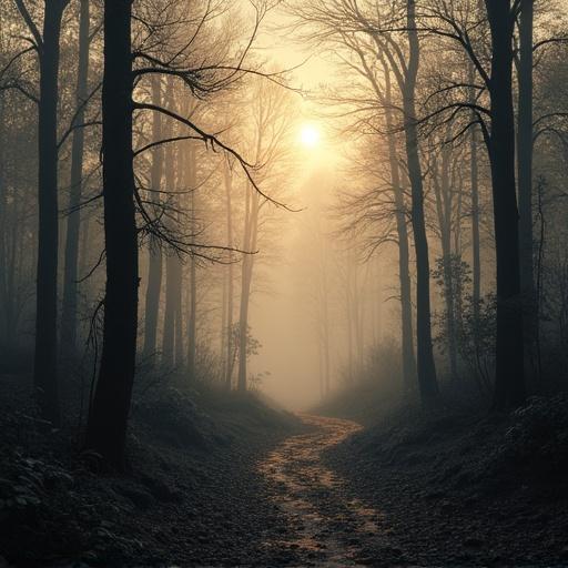 Image depicts dark forest with mist and fog. A winding path leads through tall trees. Soft sunlight filters through the branches.
