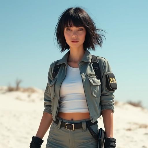 Detailed close-up of a pretty petite sci-fi military female soldier. Dark hair seen. Wearing a grey short jacket and white short t-shirt. Grey pants with boots. Gun strap shown. Background features an obstacle course in a white desert under a sunny blue sky with shadows and texture noticeable.