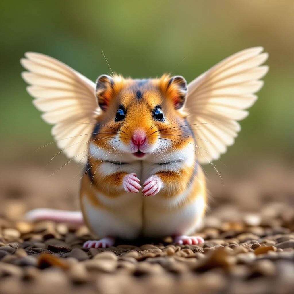 Image of a hamster with wings inspired by Salvador Dalí style. Cute and whimsical animal character. Soft lighting and natural setting.