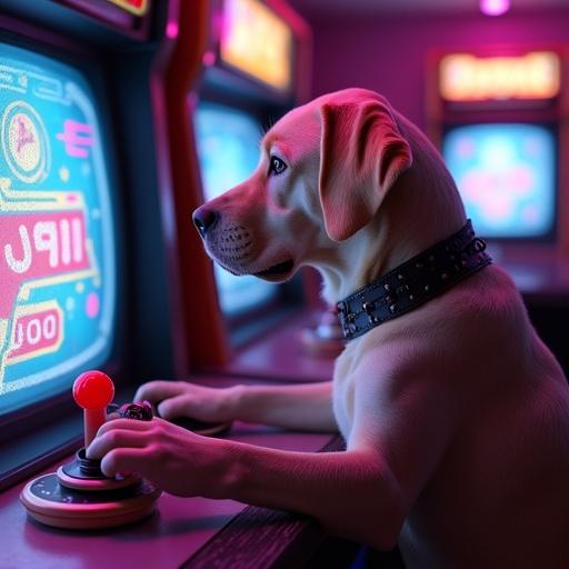 Cinematic 3D illustration of a Labrador dog with half-shaved punk crop wearing steel-toe combat boots. Setting in a neon-lit vintage arcade with CRT monitors. Close-up side shot of the dog's paw pressing a joystick. Saturated RGB glows create nostalgic vibes. Joystick animation shows snapping back and score digits flipping.