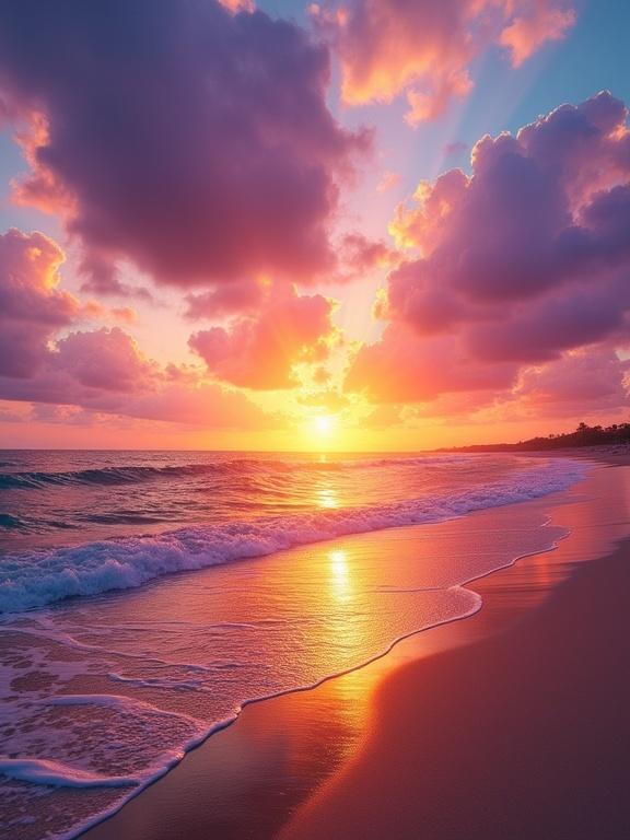 Vibrant sunset over a beach. Sky filled with deep purples pinks oranges blues. Sun low on the horizon casting golden glow. Scattered clouds reflect colorful light. Sun's rays create radiant effect. Ocean mirrors sky's colors with waves gently lapping at the shore. Water displays gold orange blue shades. Wet sand reflects light in shimmering pattern. Smooth beach curves with waves meeting shore. Serene picturesque atmosphere.