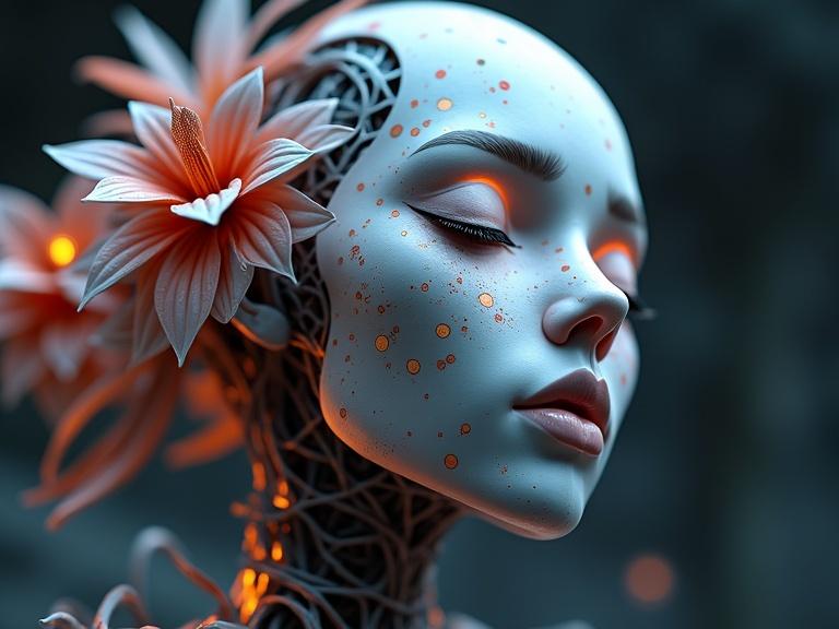 Artistic representation of origami paper folds. A sophisticated 3D sculpture design featuring floral elements. Focused on the intricate details with soft, dramatic lighting.