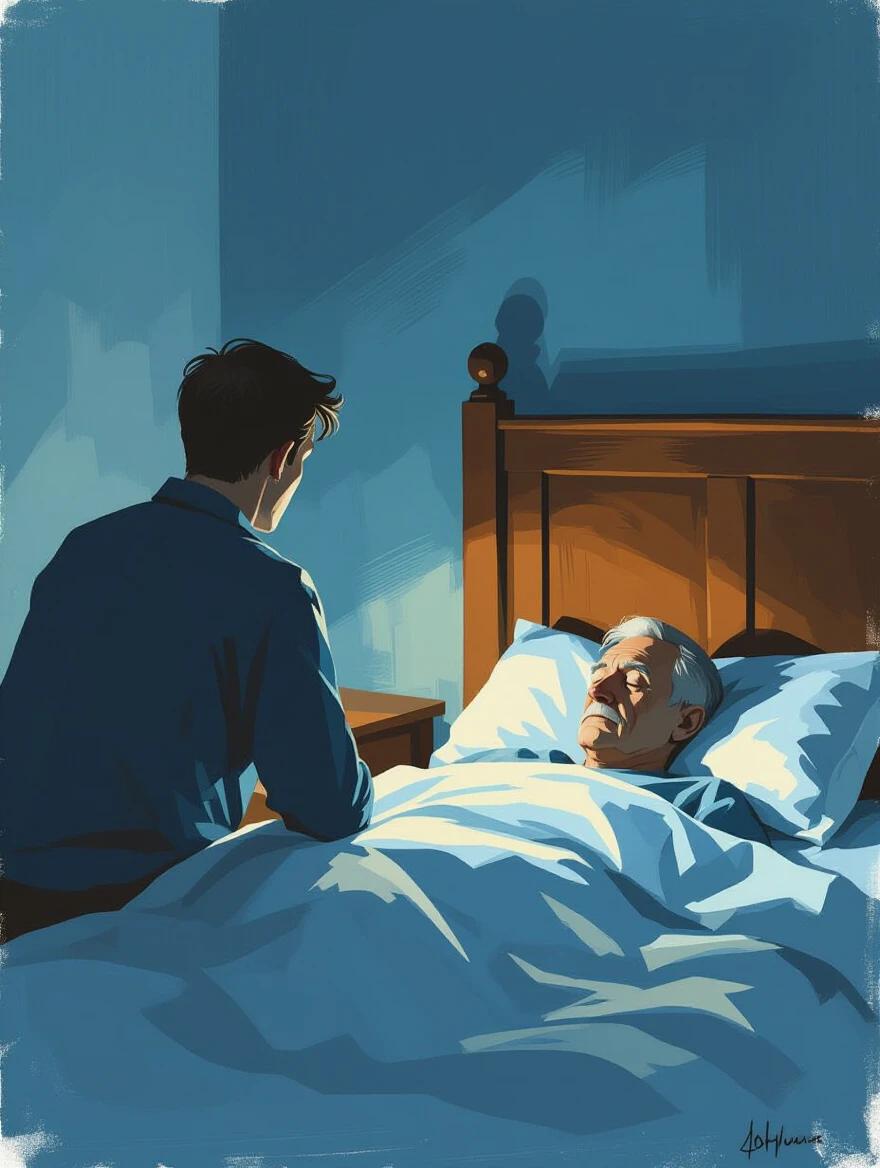 Digital painting depicts a modest bedroom at night. Narrator stands close to a bed with the old man peacefully asleep. Silhouette of narrator visible with faint light. Room filled with warm yellow and cool blue hues. Candlelight casts soft shadows. The atmosphere is calm yet tense, as if time is suspended.