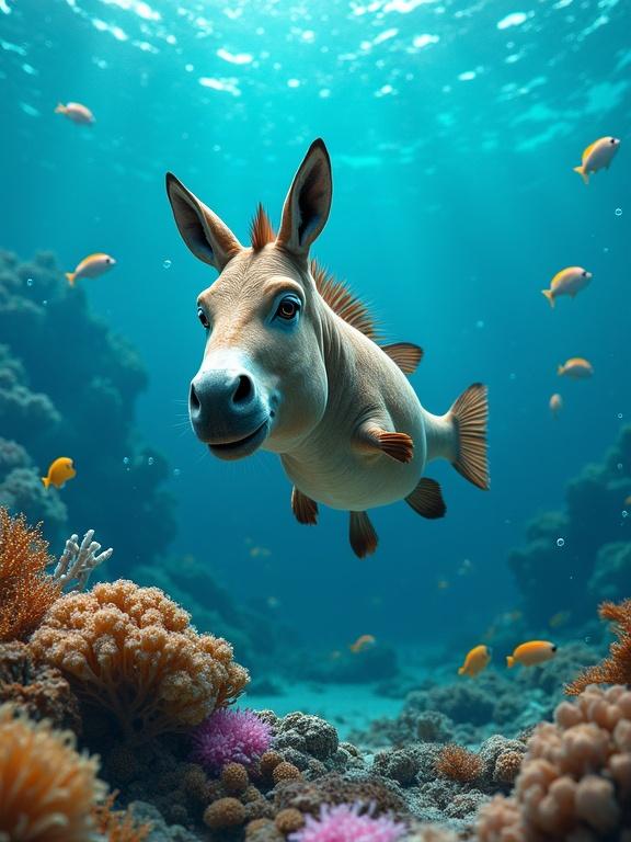 A humorous depiction of a fish with a donkey's head swimming near a coral reef. The fish resembles a tropical fish with bright coral and a blue ocean backdrop. The donkey's face has big nostrils and long ears. Surrounding fish swim nearby. The underwater lighting is vibrant with natural shadows.
