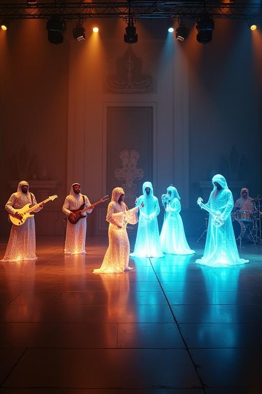 Wide low-angle shot of a wedding stage divided into two halves. Upstage features a traditional Egyptian band wearing formal attire and playing classic instruments. Downstage showcases translucent, glowing genies with modern instruments in vibrant light. Indoor celebration hall backdrop with Egyptian motifs.