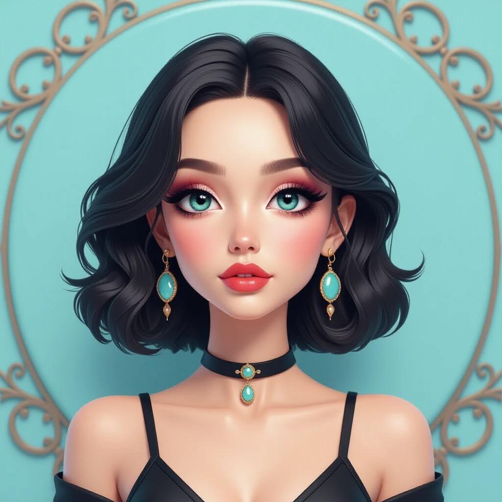 3D portrait of a stylish woman with captivating features. She has black hair and wears turquoise earrings. Background is soft blue. Focusing on her look and accessories. The illustration has a modern aesthetic.