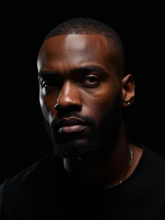 Create a studio-quality hyper-realistic portrait of a man with a short shaved haircut and neatly trimmed dark beard against a black background. Illuminate face with a dramatic spotlight to cast strong highlights and soft shadows. Create a high-contrast cinematic effect with sharp detail and smooth falloff into darkness. Show lifelike skin texture and hair. Mood should be intense and refined.