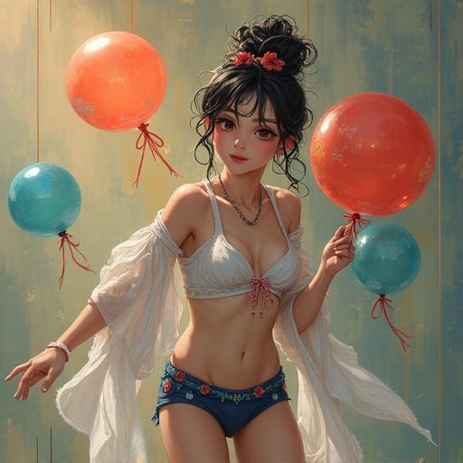 Japanese woman in a bikini holding colorful balloons in a serene setting. Soft warm lighting and a inviting background. Summer vibe with a playful atmosphere.