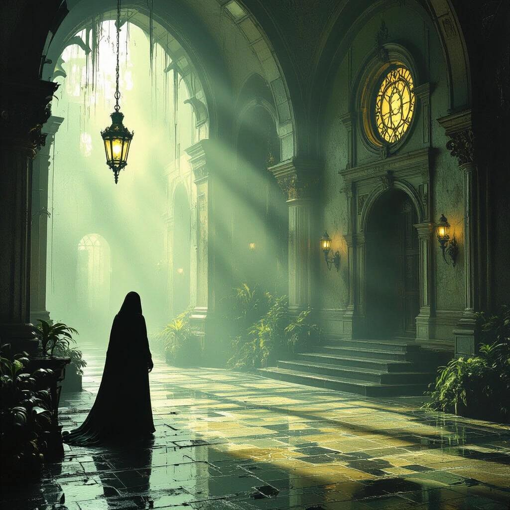 Gothic hallway with dramatic lighting. A cloaked figure stands in an ornate setting. Influences from Darius Khondji, Guillermo del Toro, and Greg Rutkowski are evident.