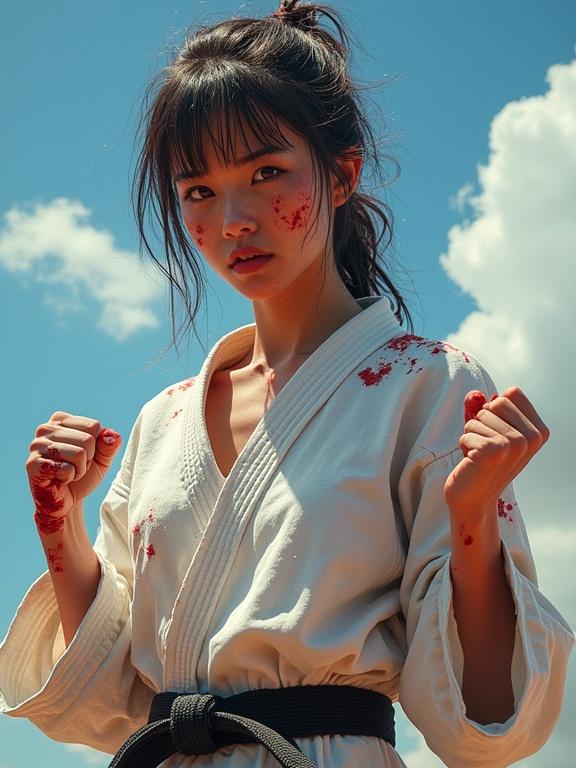 Realistic athletic woman with asymmetrical hairstyle wearing a worn-out karate gi with bloody smudges on body and untidy hair. Heavy bruises on face. Appears exhausted but focused to win the fight. Bloody fists holding up. Bright sunlight. Background blue sky with some clouds.