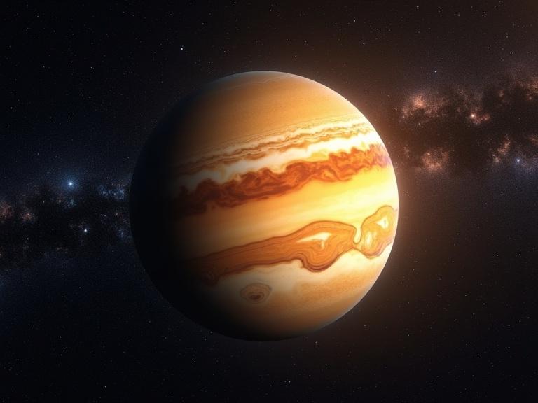 Image of Jupiter in high definition surrounded by stars with vibrant colors.