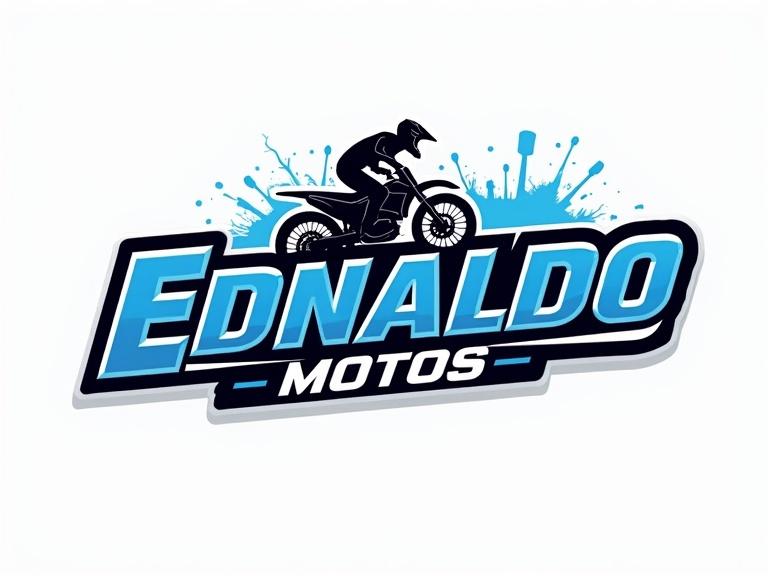 Logo design for EDNALDO MOTOS featuring a modern 3D style. The logo includes vibrant blue typography for 'EDNALDO' in bold, with white for 'MOTOS'. A graphic of a motorcyclist on a bike. The logo's shape resembles a motorcycle tank or exhaust, set against a neutral background.