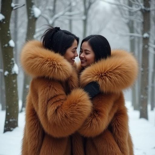 Scene features two gorgeous women in oversized fluffy brown fur coats with large collars. They're in a wintery forest scene. The atmosphere is shy and intimate with them hugging each other.
