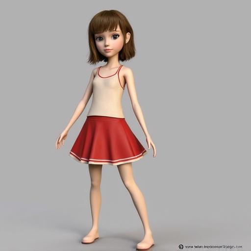 3D model of a girl wearing a beige top and a red skirt standing in a neutral pose. Her hair is short and brown. Positioned against a grey background.