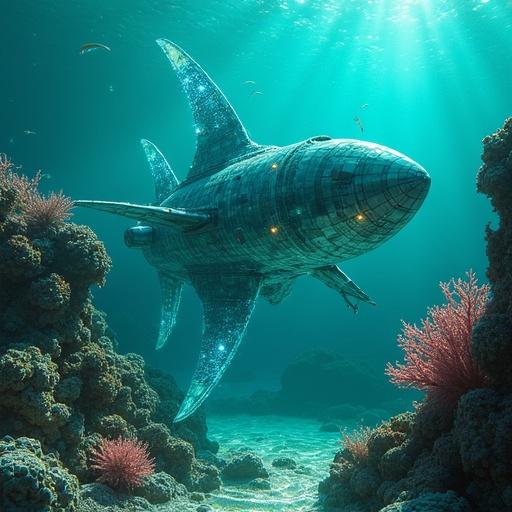 Rocket ship sculpted from living coral reef. Digital painting in oceanic sci-fi style. Features aquatic shapes and bioluminescent fins. Emphasizes turquoise and sea green colors. Underwater dappled lighting style.