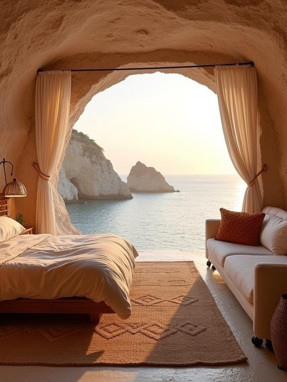 Cave-style luxury bedroom overlooking the ocean at sunset. Unique bedroom carved into rocky cliffside. Warm golden light creates a tranquil ambiance. Features minimalist bed with soft linens, woven rug, and light beige sofa. Outdoor lounge chairs facing the sea. Dramatic limestone cliffs in background. Peaceful and romantic atmosphere. Rugged natural beauty meets modern luxury.