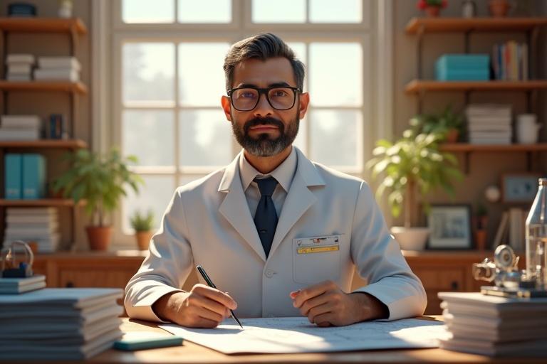 3D portrait of a scientist in an office. Sunlight fills the room. Surrounded by instruments and blueprints. Reflects determination. DRDO emblem subtly glowing in the background.