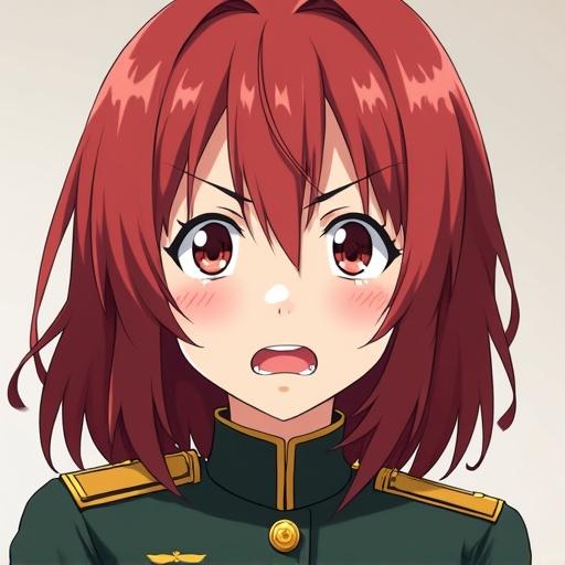 Female soldier in anime style. Character has red medium hair with parted bangs. Expression shows anger and surprise. Age appears to be around 28 years. Wearing a military uniform.