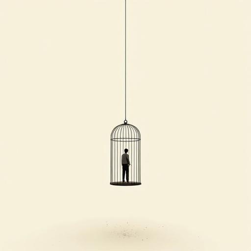 Minimalist illustration of a tiny human trapped inside a floating cage. Surreal concept with oversized objects. Vast negative space creates an elegant background. Clean and subtle grain texture adds to modern poetic tone.