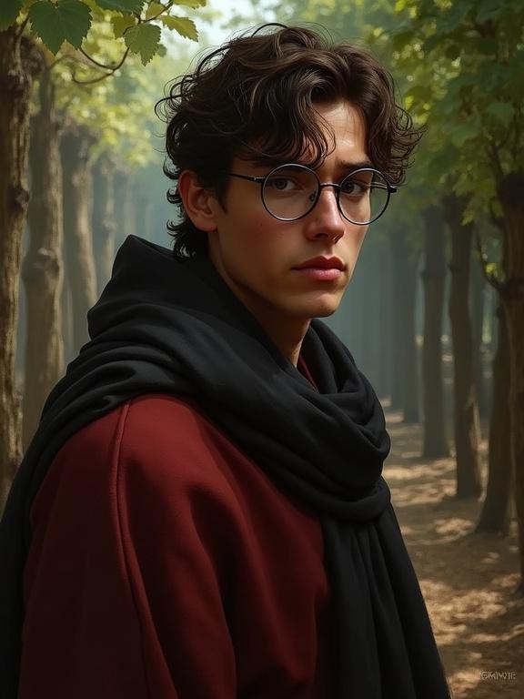 Digital oil painting of a young man in robes with round glasses. He has a worried expression and stands outdoors amongst trees. The style combines elements reminiscent of Alyssa Monks and François Marcela-Froideva.