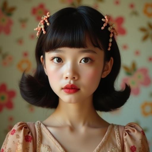 Portrait of a young girl with a vintage hairstyle. Hair is styled with hairpins. Girl has a side view. The background features soft floral wallpaper. The image captures a sense of youthfulness and stylishness.