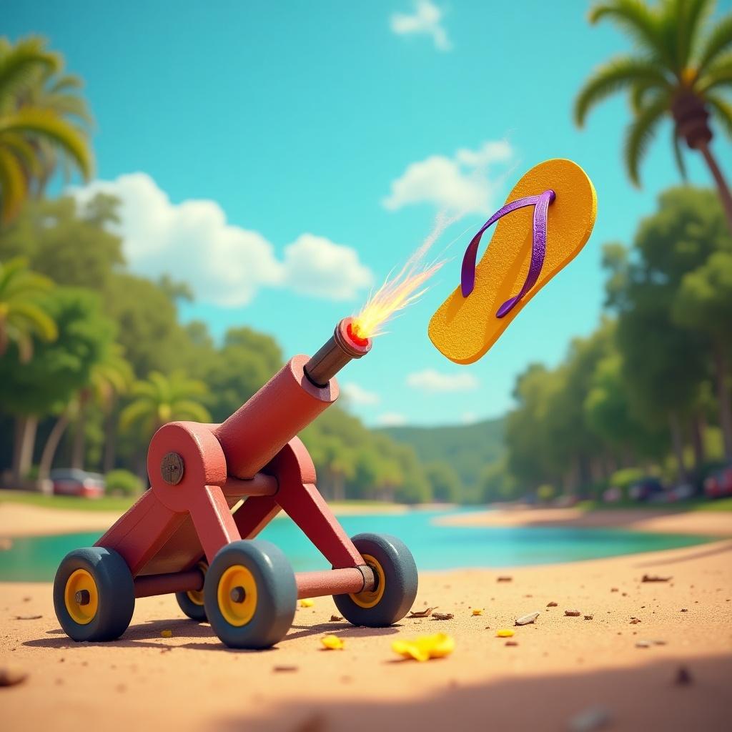 A catapult is humorously launching a flip flop towards a sunny beach. The scene features lush green palm trees and a clear blue sky, creating a lively summer atmosphere. The catapult is designed in a playful, cartoonish style and the flip flop is bright yellow with purple straps. Sparks are flying from the catapult, emphasizing the action. The sandy beach in the foreground adds to the vacation vibe, making the entire image feel fun and inviting.