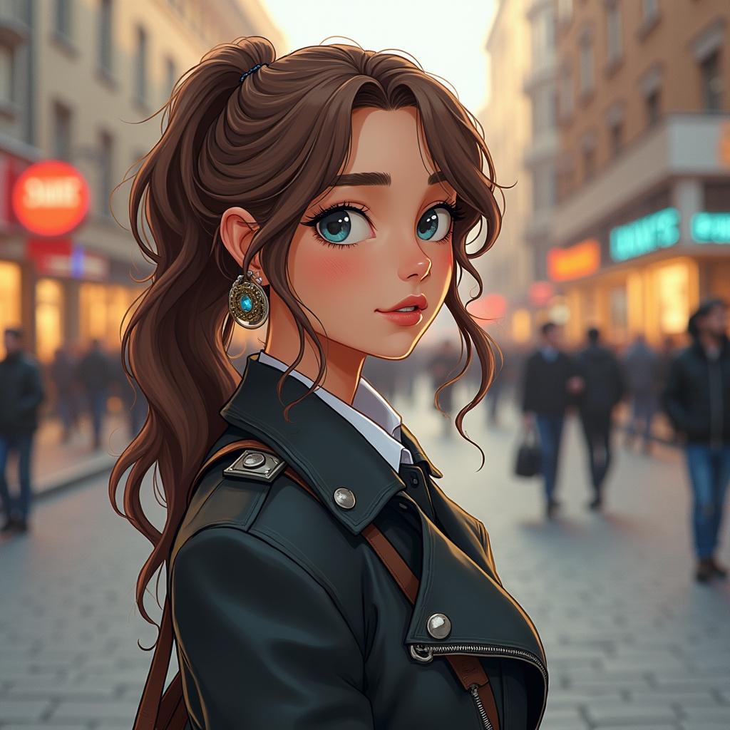 A girl stands in a busy urban street. The scene reflects a stylish city vibe. The girl wears a fashionable outfit with attention to details. She has beautiful hair and accessories. The background is a lively street with shops and people.